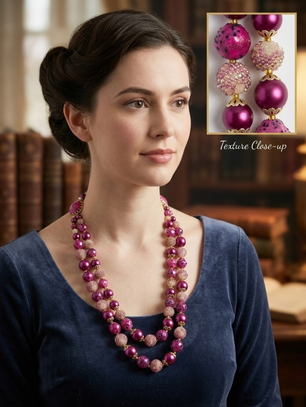 Vintage 2 Strand Beaded Statement Necklace Pink Magenta Gold Filigree Clasp